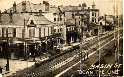 This 1908 postcard shows the rail lines on Basin street which carried visitors into the heart of Storyville, New Orleans's vice district
