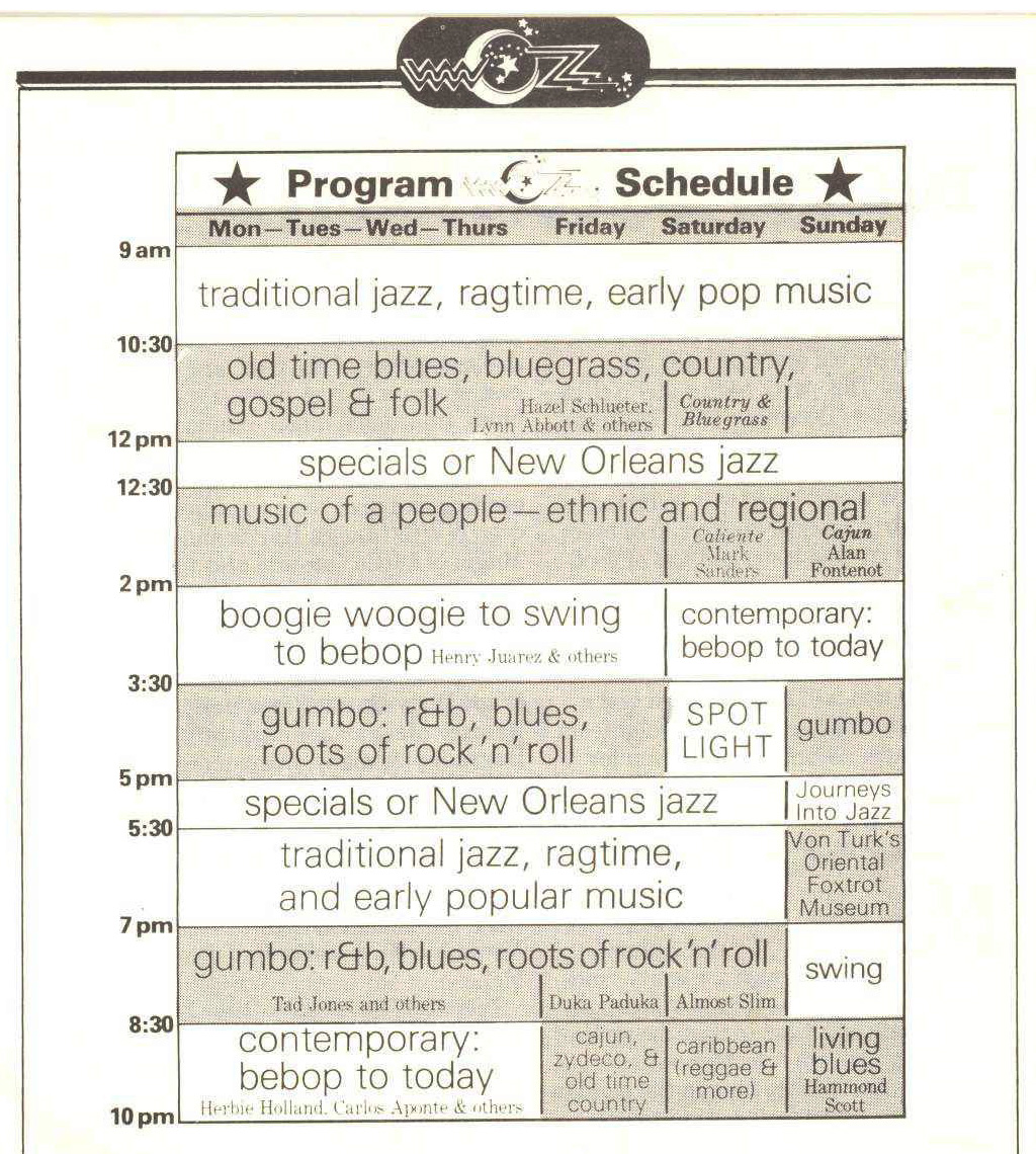 An early WWOZ programming schedule from 1981 when the station only broadcast 9am-10pm