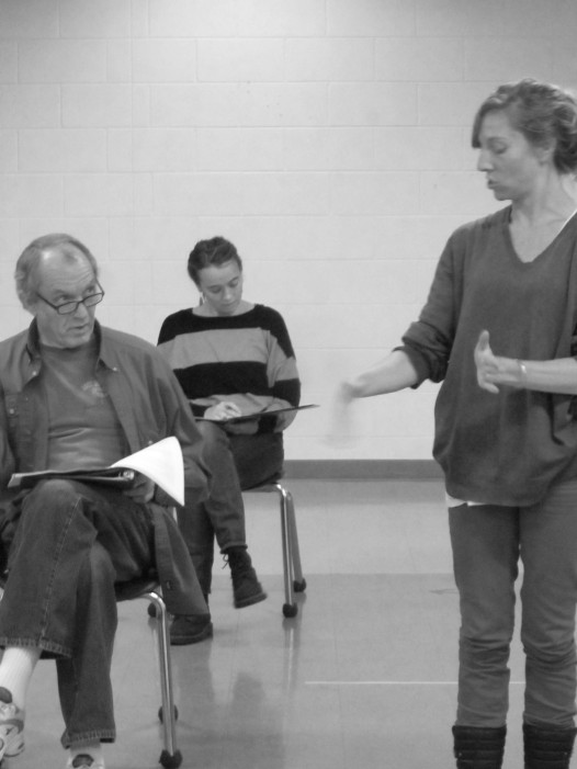company members Jim Wright, Shannon Flaherty, and Emilie Whelan during rehearsal for "Under Milkwood"
