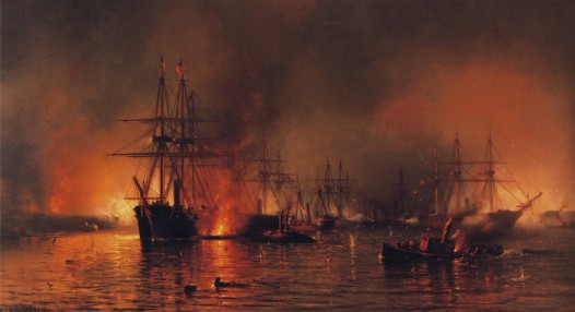 Farragut's Fleet Passing the Forts below New Orleans. Oil on canvas. Mauritz Frederik De Haas, painter.