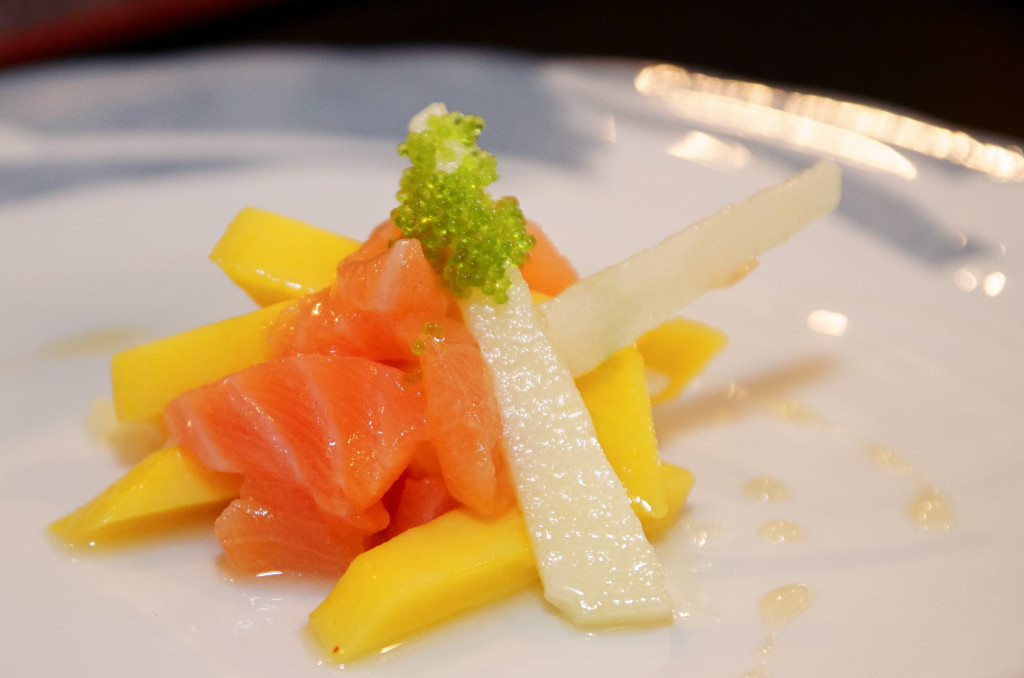 Fresh salmon with apple, mango, wasabi roe and yuzu at Kanno sushi in Metairie. Yes: METAIRIE.