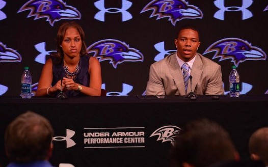 Janay and Ray Rice at a press conference in May 2014 regarding accusations of the NFL player assaulting his then-fiance at a casino in Atlantic City, N.J.