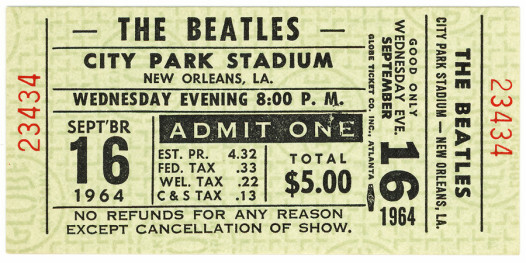 The original City Park Beatles concert ticket. Photo: WYES. WYES will hold a Beatles tribute concert in City Park on Tuesday, September 16.