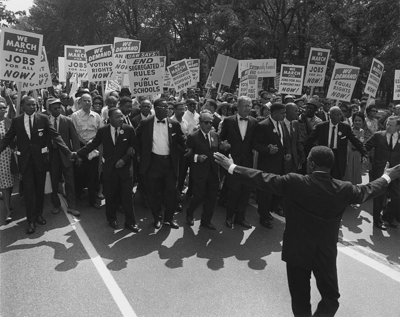 Civil Rights Leaders Martin Luther King Jr., Joseph L. Rauh Jr., Whitney Young, Roy Wilkins, A. Philip Randolph, Walter Reuther, and Sam Weinblatt at the March on Washington. 