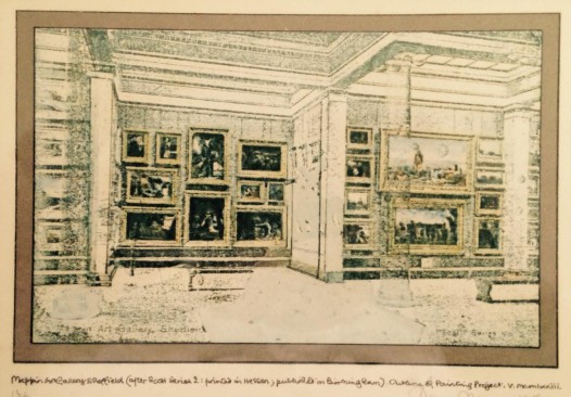 Lithograph of Mappin Art Gallery exhibition, with original Flag of Truce at bottom center