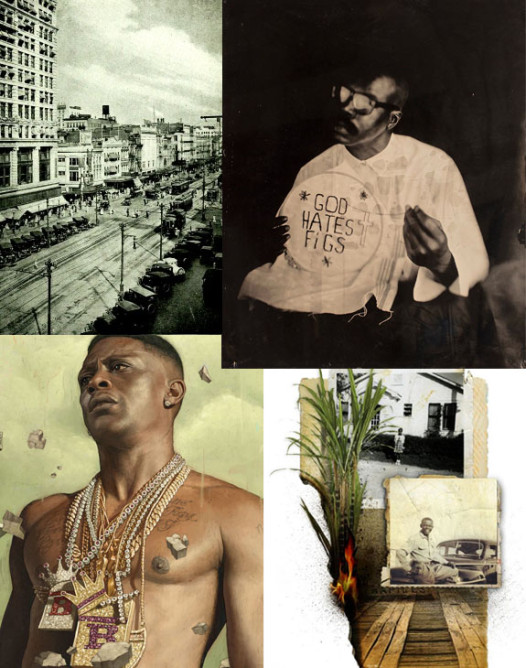 Clockwise from top left: A picture of Canal Street the LARB editors thought evoked "crime"; tintype photograph by Kevin Kline; collage of images by Jen Renninger that accompanies "We A Baddd People"; illustration of Lil Boosie by Rory Kurtz
