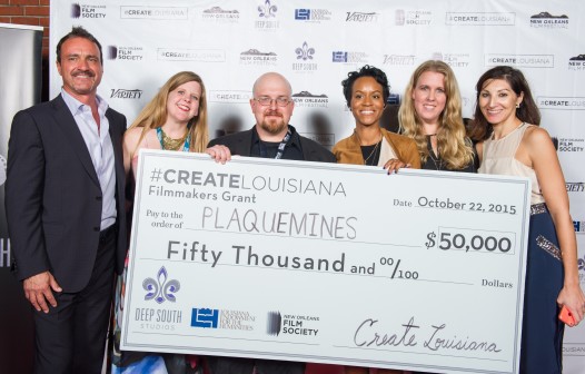 Left to right: Scott Niemeyer (CEO/Developer of Deep South Studios, founder of CreateLouisiana), Jolene Pinder (Executive Director of New Orleans Film Society), Jon Wood (Producer, Plaquemines), Nailah Jefferson (Director, Plaquemines), Sian McArthur, (SVP Deep South Studios and founder of CreateLouisiana) and Miranda Restovic (Executive Director, Louisiana Endowment for the Humanities). (Photo: Craig Mulcahy/NOFF) 