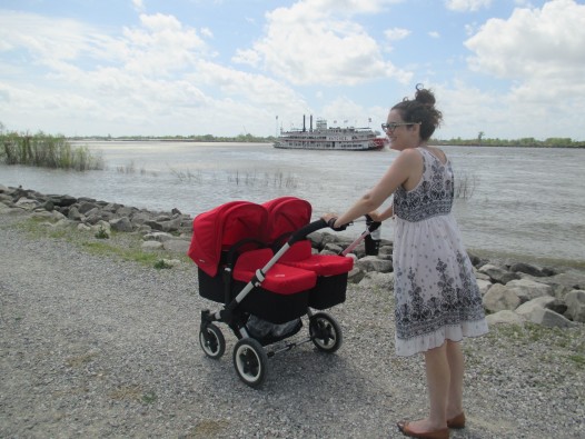 Sarah and the twins strolling on the Holy Cross levee.