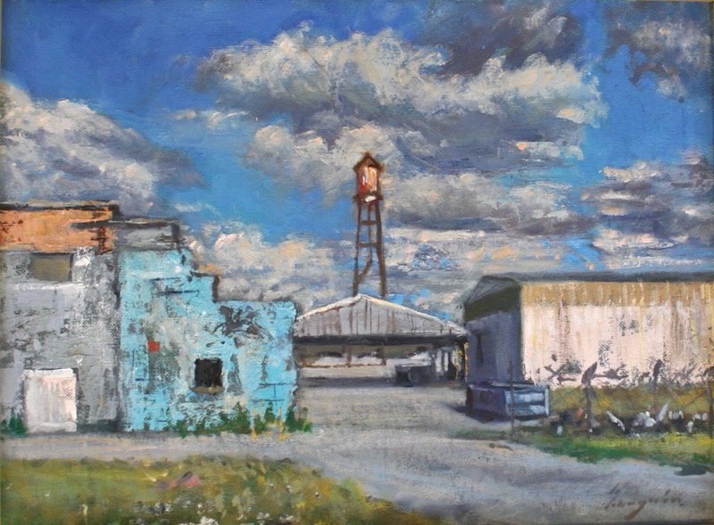 An oil painting by Diego Larguia of riverfront warehouses in Holy Cross.