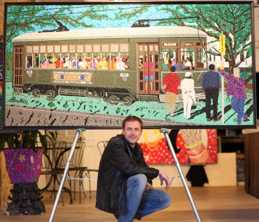 Stephan works with millions of Mardi Gras beads to create his over-sized canvases.