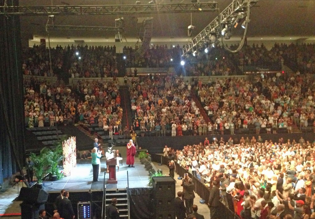Senator Mary Landrieu introduces the Dalai Lama to a standing-room-only crowd at the Lakefront Arena Saturday.