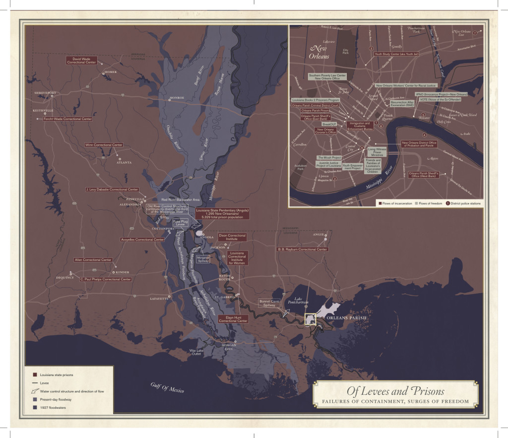 The map “Of Levees and Prisons: Failures of Containment; Surges of Freedom” was conceived by Rebecca Solnit, Rebecca Snedeker and Lydia Pelot-Hobbs, and is accompanied by Pelot-Hobbs’s essay “Lockdown Town.” The final version, designed by Lia Tjandra, was based on Shizue Seigel’s cartography.