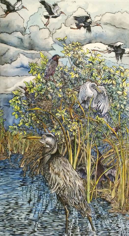 "Mangrove" -- A large-scale woodcut, inked and printed by pressing it from above with Pippin's feet.