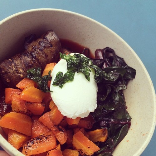 Booty's Street Food offers a changing menu of global street foods. Pictured: Booty's shakshouka-- a Tunsinan dish of spicy tomato sauce, roasted vegetables, and a poached egg.