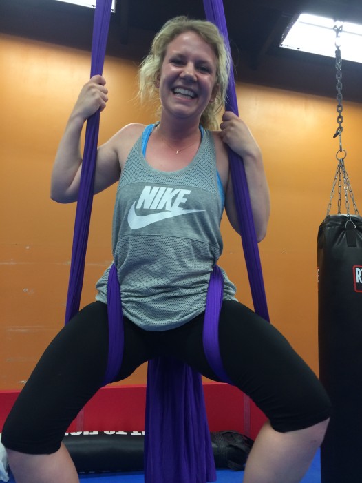 Kirsten happily hanging out in her silk Chair pose 