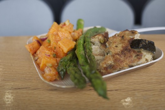 Sweet potato salad, asparagus and vegetable bread pudding from the Grand Stand. (photo: Summer Suleiman)