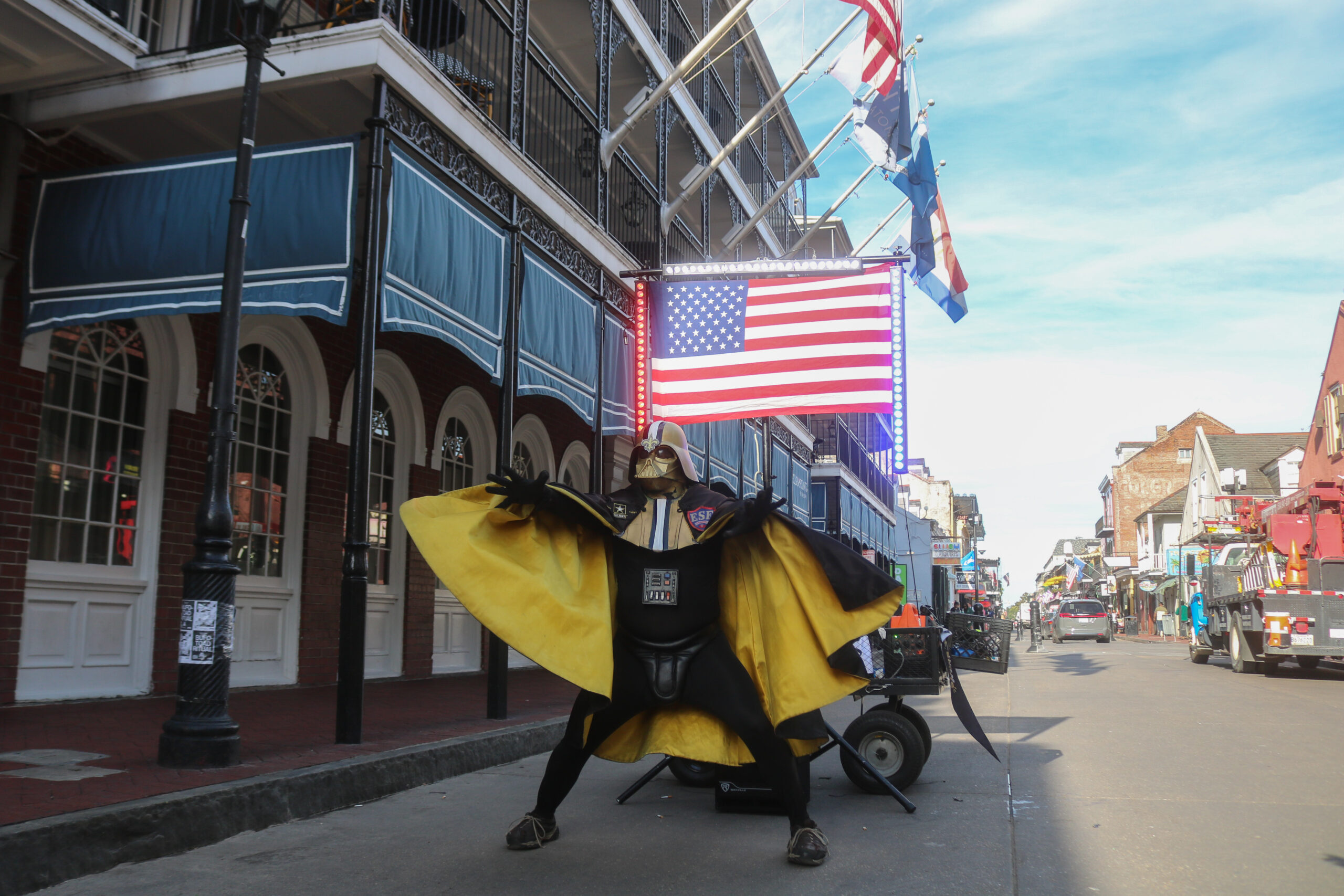 Darth Vader unknowingly performs across the street from the former On Leong Chinese Merchants Association.