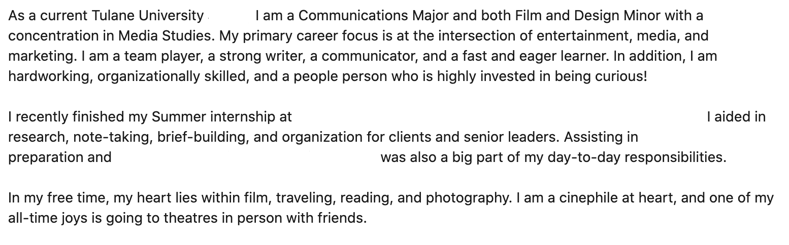 An exampled of a LinkedIn user's "About You" profile section format.