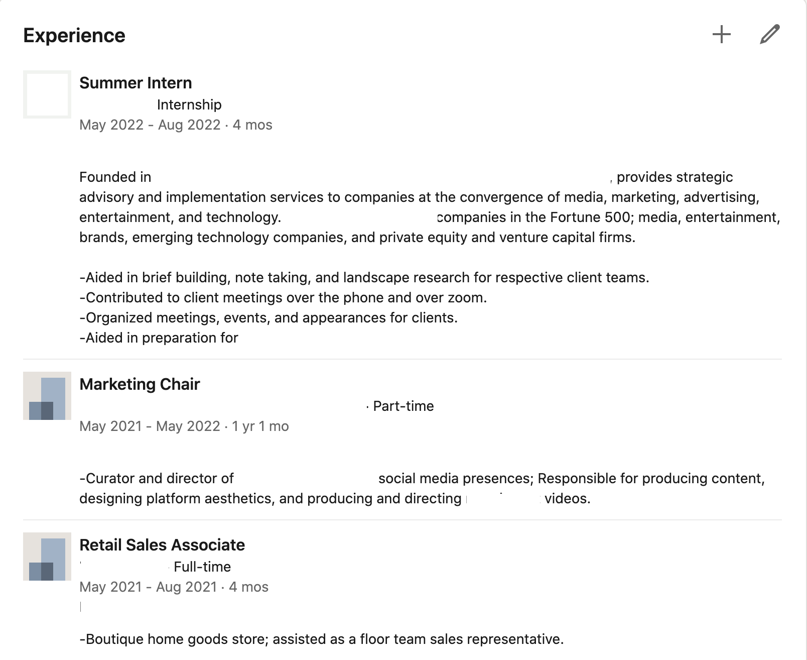 An example of a LinkedIn user's "Experiences" profile section.