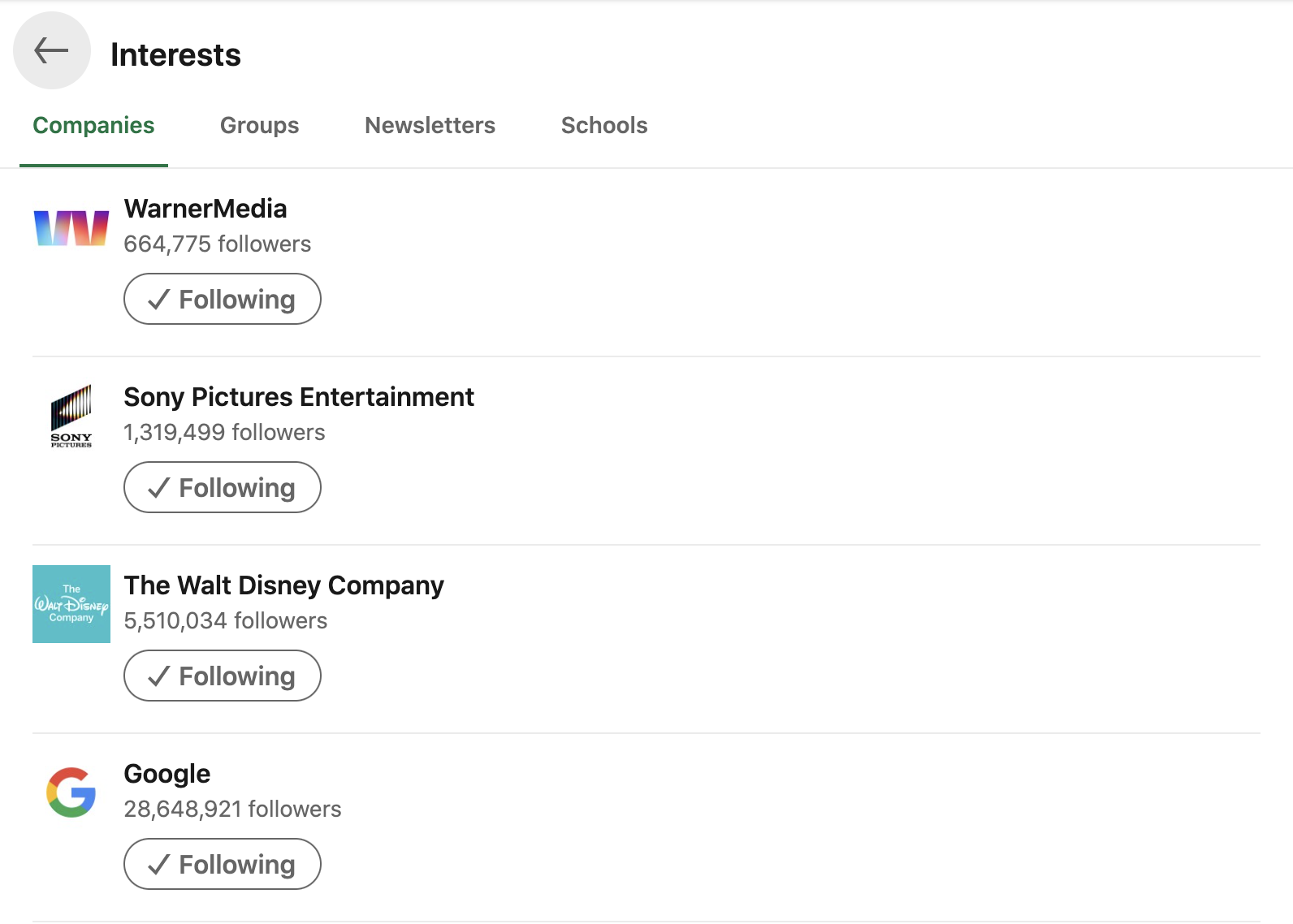 An example of a LinkedIn user's "Interests" profile section.